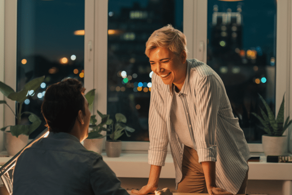 Coworkers chatting at night to build connection and boost energy on night shifts through social interaction.