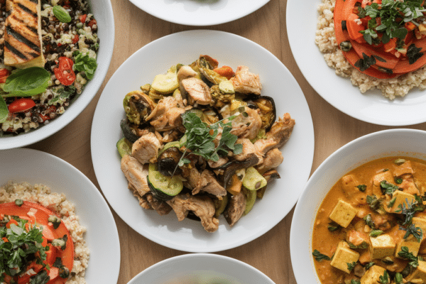 Balanced meals that support energy on night shifts with colorful proteins, grains, and vegetables.