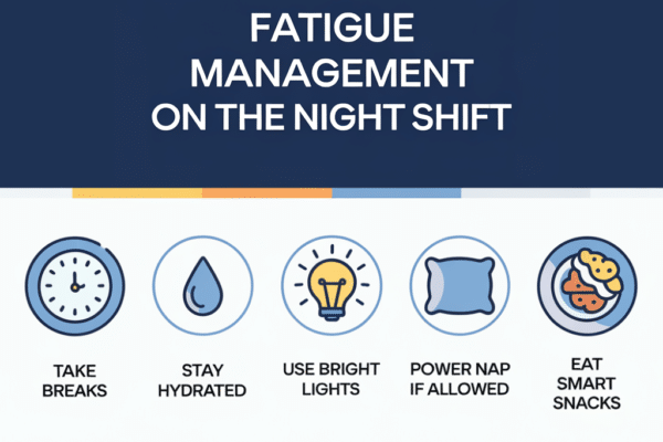 Fatigue management strategies on the night shift: take breaks, stay hydrated, use bright lights, power nap if allowed, eat smart snacks