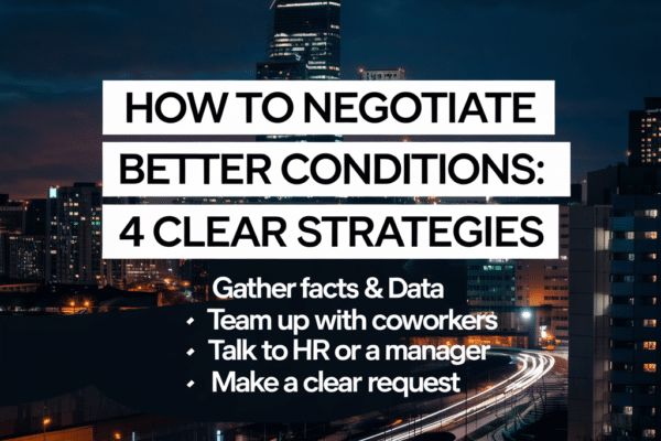 How to negotiate better conditions: 4 clear strategies: Gather facts & data, team up with coworkers, talk to HR, make a clear request.
