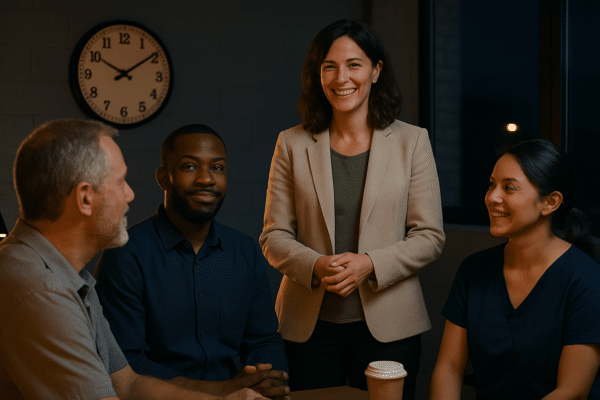 Diverse night shift professionals standing together, representing strong workplace culture for night shift employees.