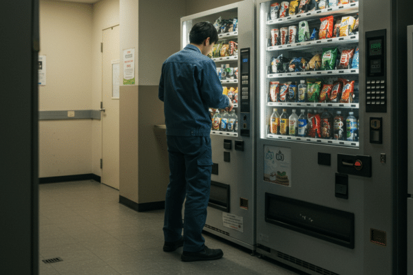 Night shift worker selecting food from vending machine, highlighting poor snack choices that lead to weight gain.