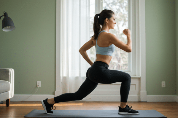 Night shift worker (woman) doing home workout to manage night shift weight gain and support a healthy metabolism.