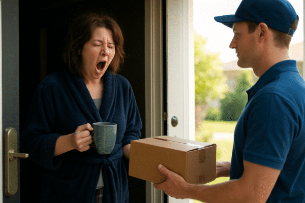 Woman receiving a package in order to make her daytime errands on a night shift schedule easier.