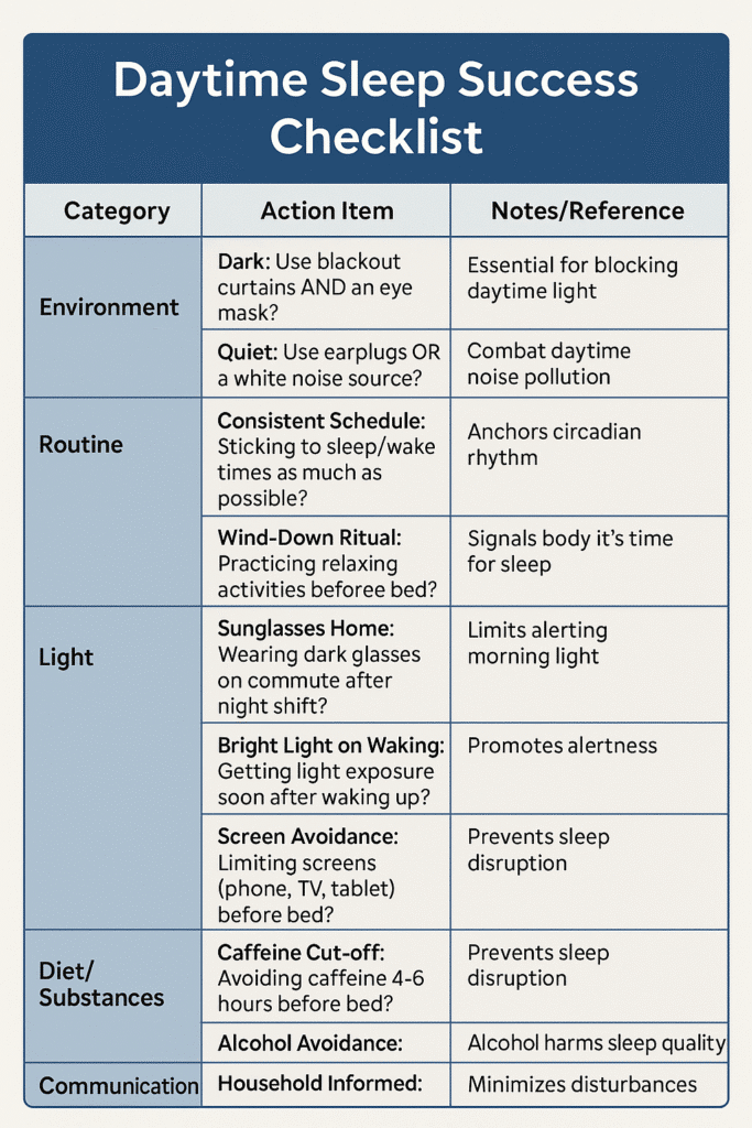 Daytime sleep success checklist for running errands on a night shift schedule.
