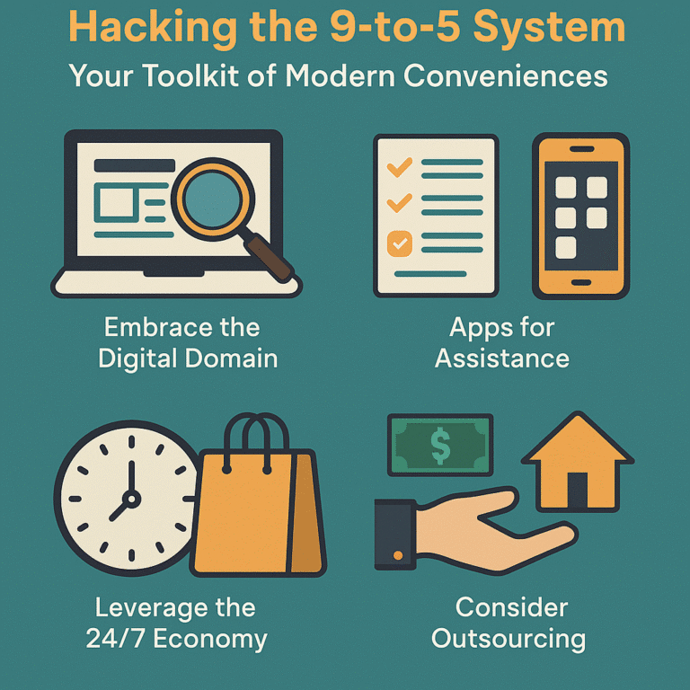 Infograph showing the toolkit of modern conveniences for running daytime errands on a night shift schedule.