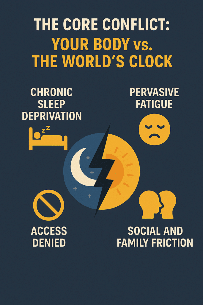 Infograph showing the core conflicts of running daytime errands on a night shift schedule.