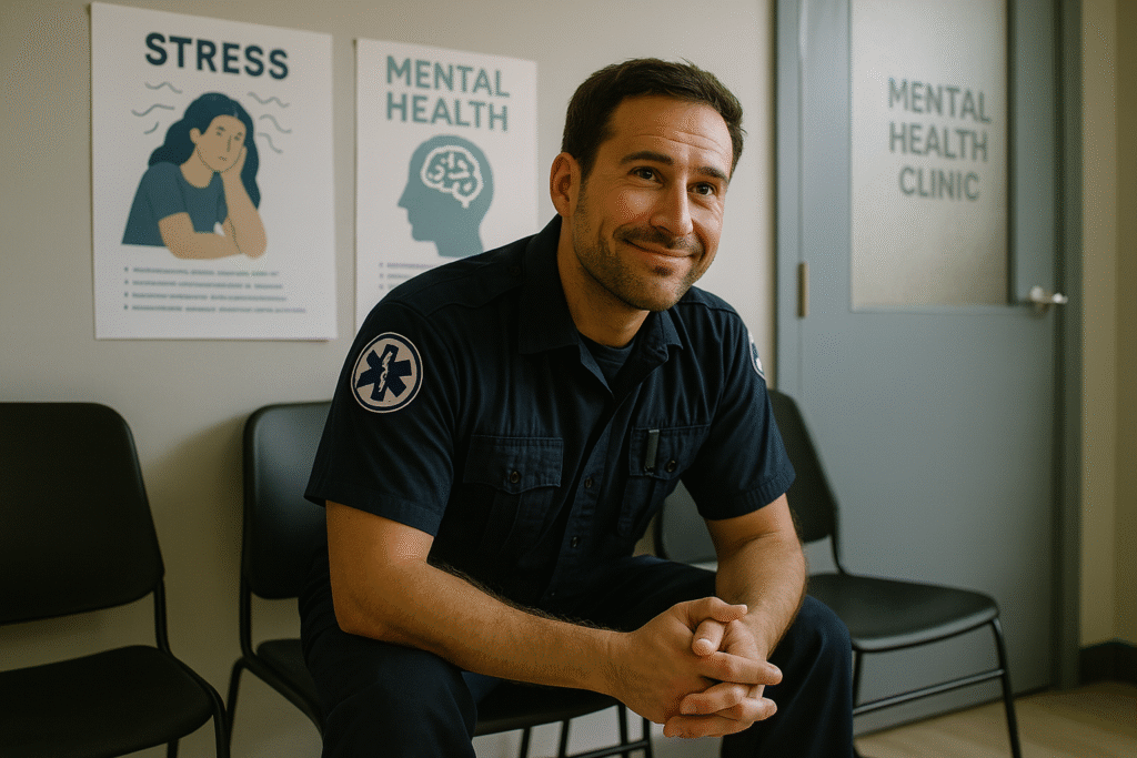 Night shift depression and anxiety shown in a male EMT sitting in a mental health clinic waiting room, looking introspective.