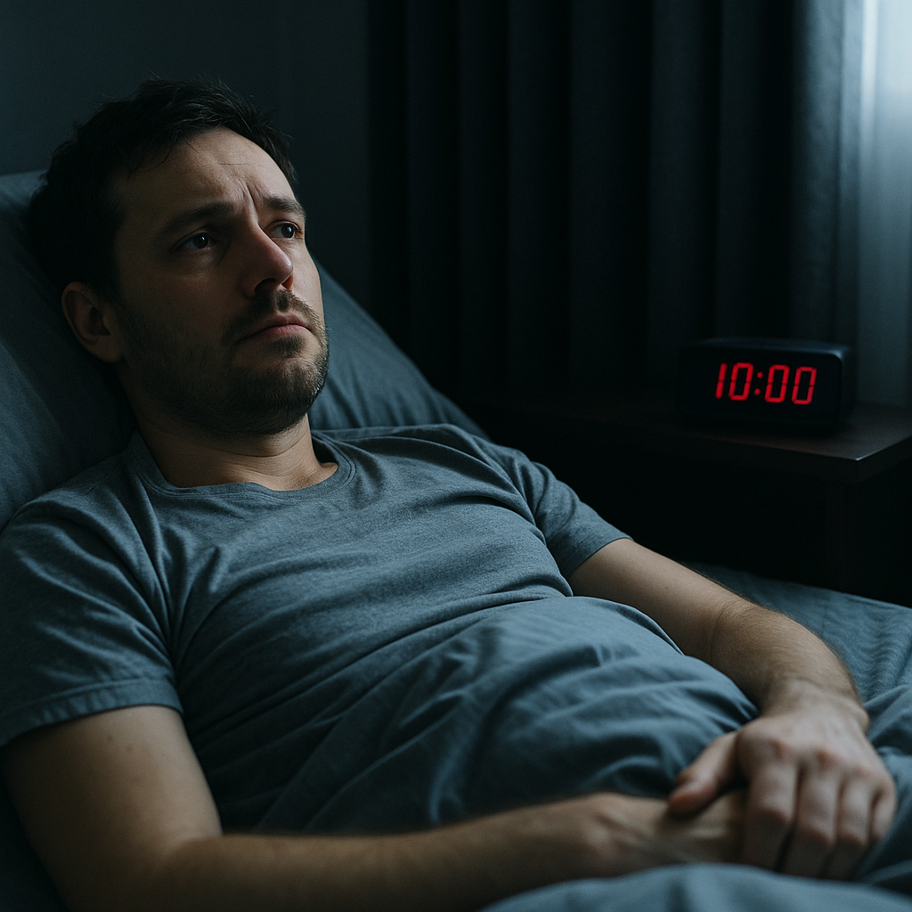 Night shift depression and anxiety shown in a tired man lying awake in bed at 10:00 AM after work.