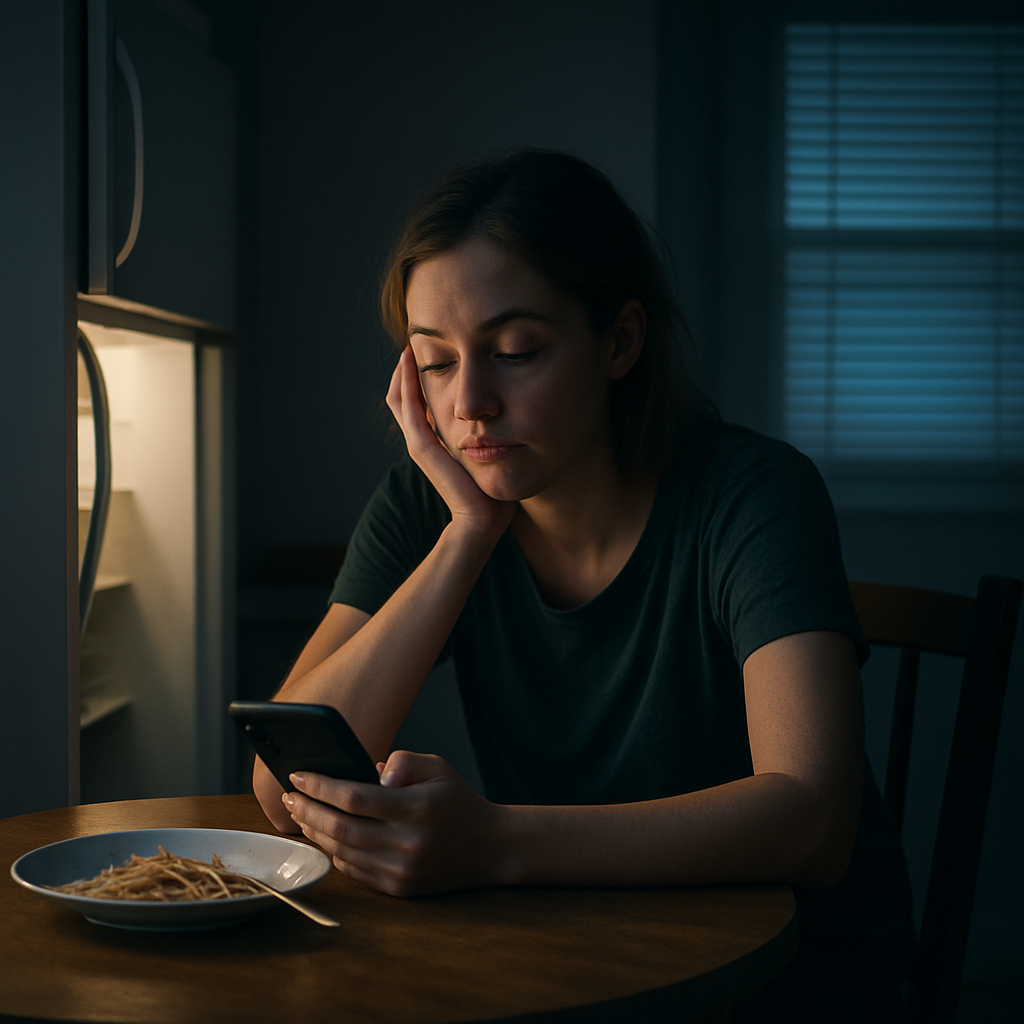 Night shift depression and anxiety shown in a tired woman at a kitchen table with her phone and untouched food.