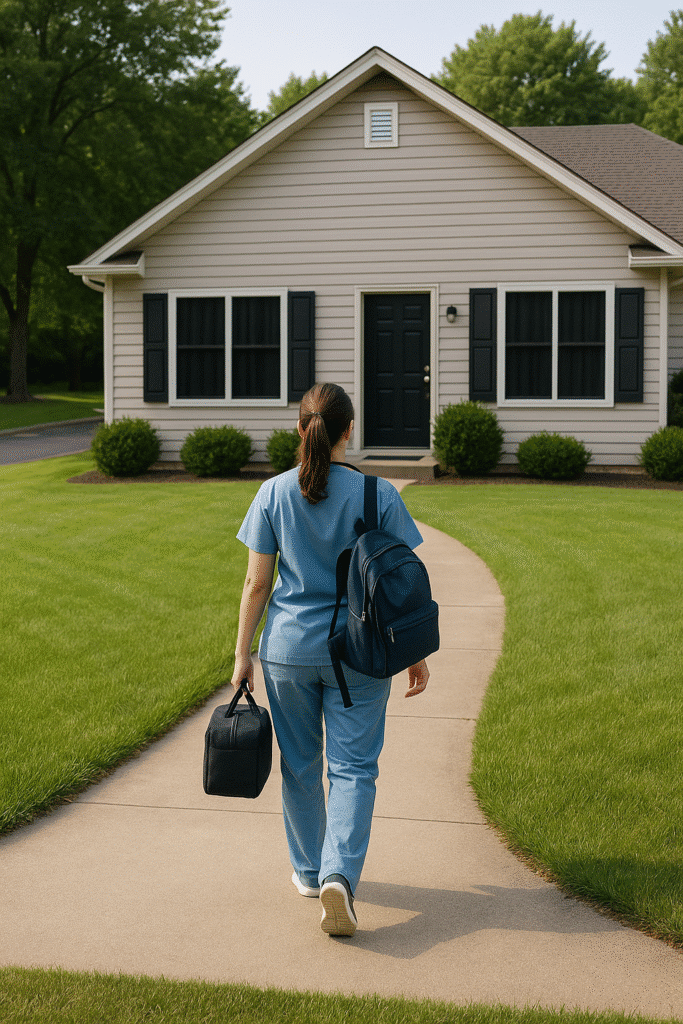 Night shift housing guide showing a night shift worker walking up the driveway to a home with blackout curtains.