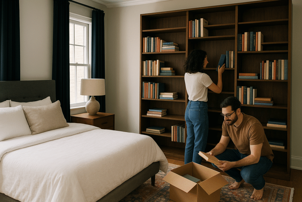 Couple unpacking books onto a large wooden shelf in a stylish bedroom with a rug, bed, and black curtains.