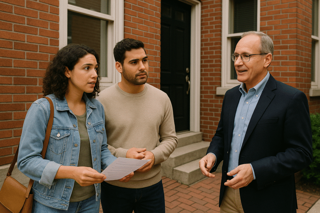 Couple holding a list talks with a smiling landlord outside a red brick townhouse, asking rental questions.