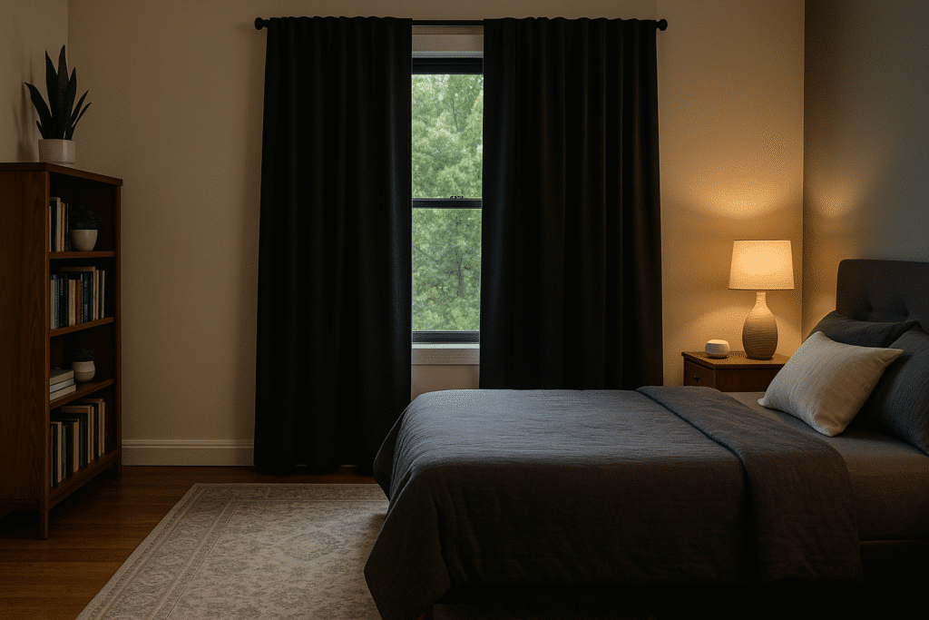 Dark, cozy bedroom with blackout curtains, rug, bookshelf, and sound machine, trees visible outside window.
