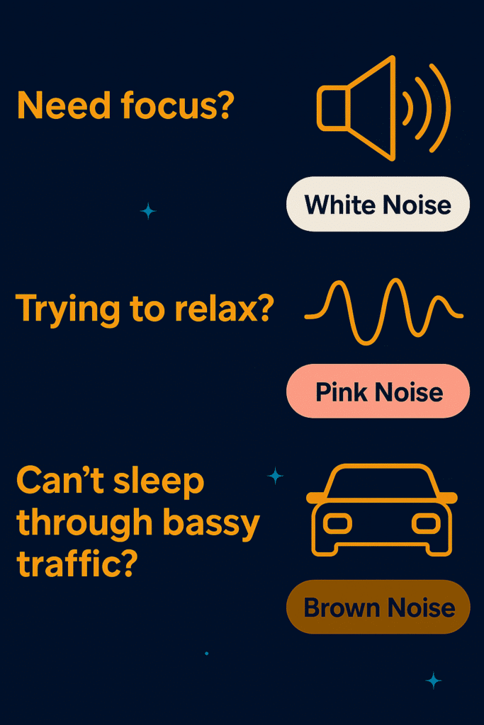 Infograph: Need to focus? White noise. Trying to relax? Pink noise. Can't sleep through bassy traffic? Brown noise.