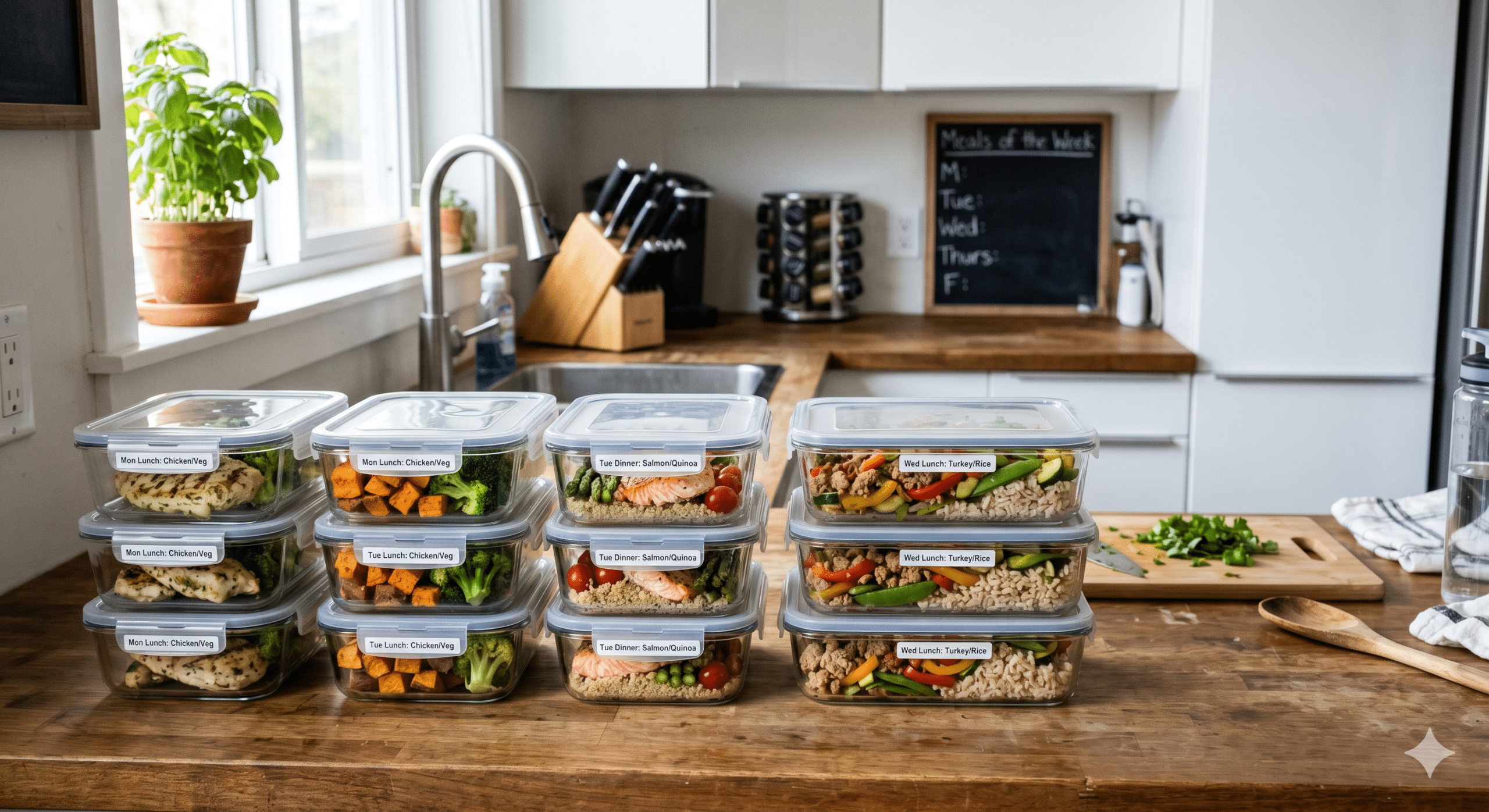Completed weekly meal prep in clear glass containers with blue lids arranged neatly on a wooden kitchen counter. Twelve stacked containers display various healthy pre-portioned meals including grilled chicken, salmon, quinoa, sweet potatoes, broccoli, and rice, with a clean kitchen sink, window, and chalkboard menu in the softly blurred background.
