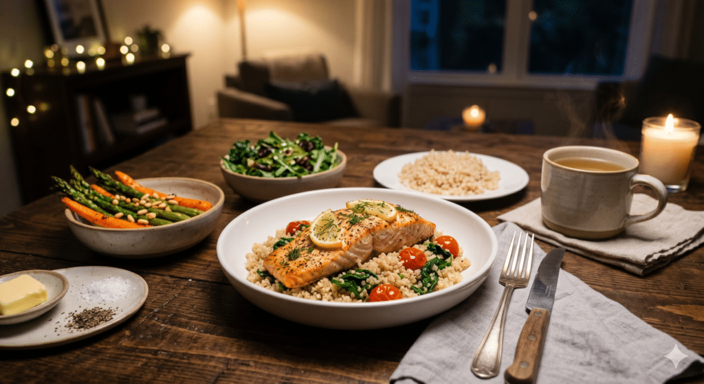 A white bowl of roasted salmon over quinoa, tomatoes, and spinach on a dark wooden table, served with sides of roasted carrots, fresh salad, brown rice, and a warm mug of chamomile tea, illuminated by warm evening candlelight.