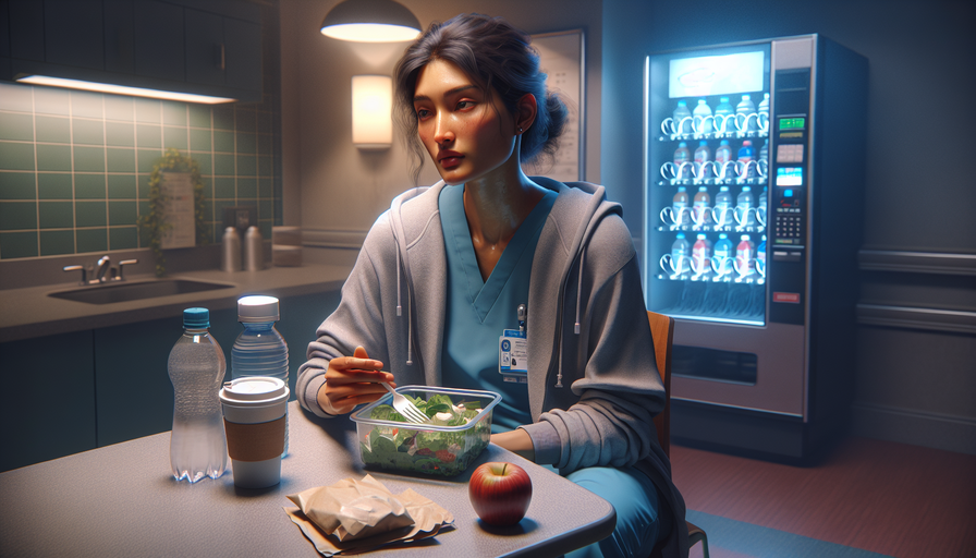A photorealistic image of a young nurse in her late 20s with medium-brown skin, wearing light blue scrubs and a gray zip-up hoodie, seated in a hospital break room at night. She appears fatigued while holding a coffee cup and resting her hand on a salad container. The scene includes a table with a water bottle, an apple, and a snack wrapper, illuminated by a vending machine and a wall lamp casting a warm glow on her face.