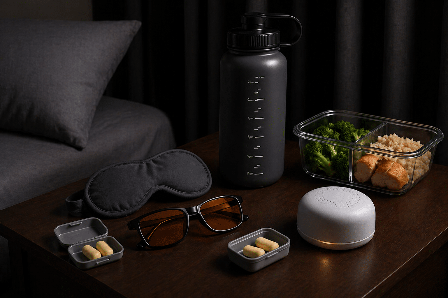 Night shift bedside setup with sleep mask, supplements, water bottle, and meal prep for rest and recovery