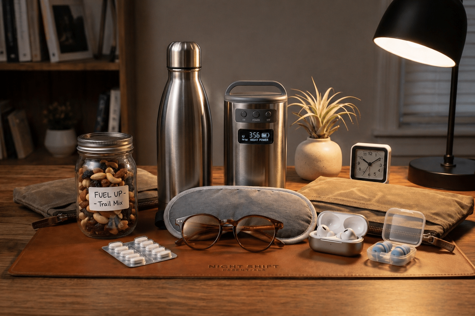 Flat lay of night shift essentials kit featuring a sleep mask, water bottle, power station, and glasses.