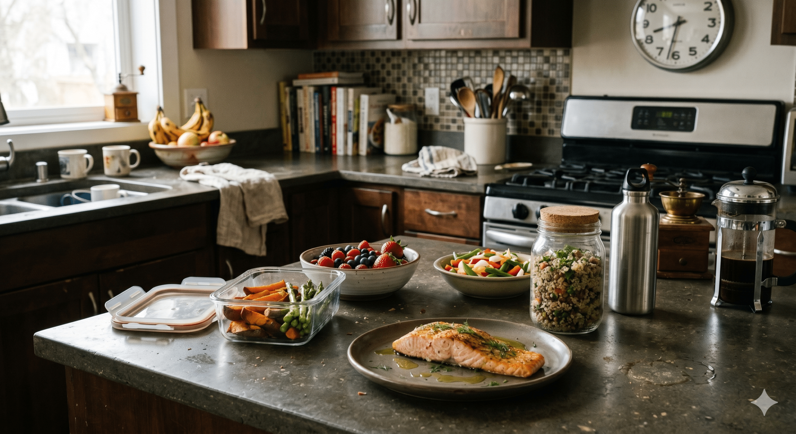Night shift meal prep containing a healthy salmon fillet roasted sweet potatoes asparagus berry bowl vegetable bowl and quinoa jar on a kitchen counter for overnight workers maintaining energy and weight.