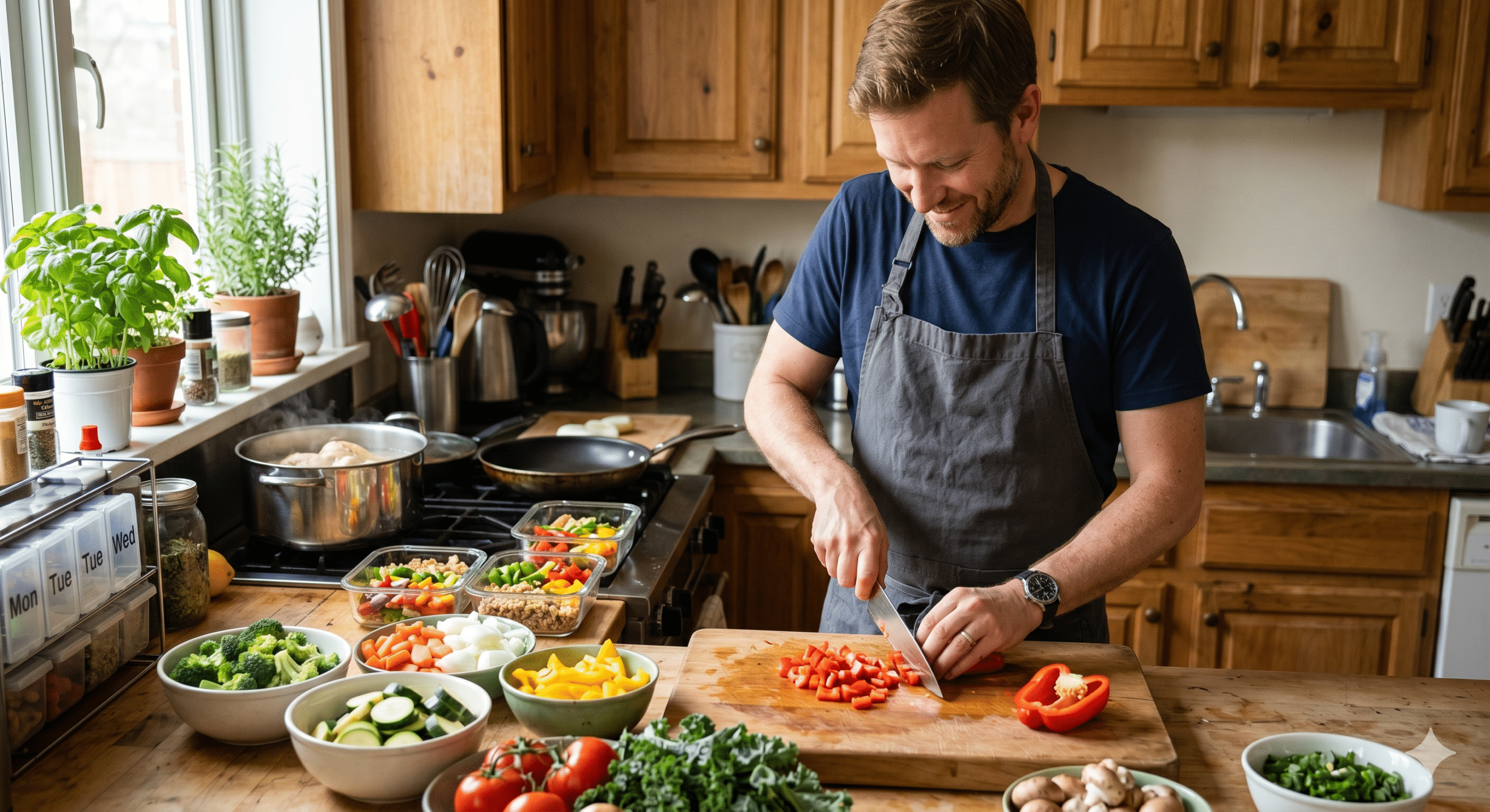 Man in kitchen meal prepping vegetables into glass containers for a night shift meal plan.