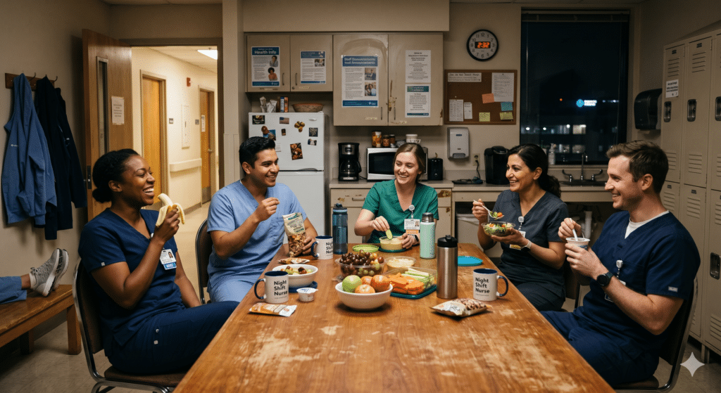 A group of five nurses in scrubs sitting at a table in a dimly lit hospital break room at night, smiling and eating healthy snacks like fruit, yogurt, and nuts during a short break, with a digital clock showing the early morning time.