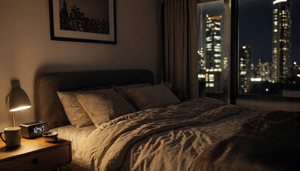 Dark bedroom with unmade bed and city lights, ideal sleep setup for night shift workers during daytime rest