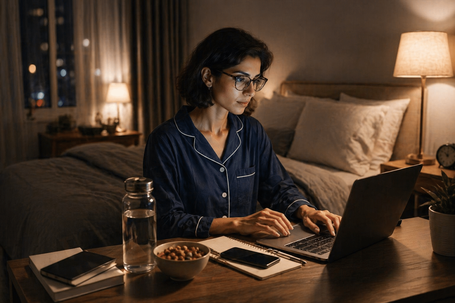 Night shift worker using laptop in bedroom with water, snacks, and warm lighting during late-night routine