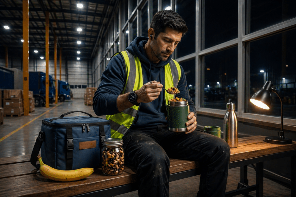 Warehouse night shift worker eating a meal on a bench with essentials like a banana and cooler bag.