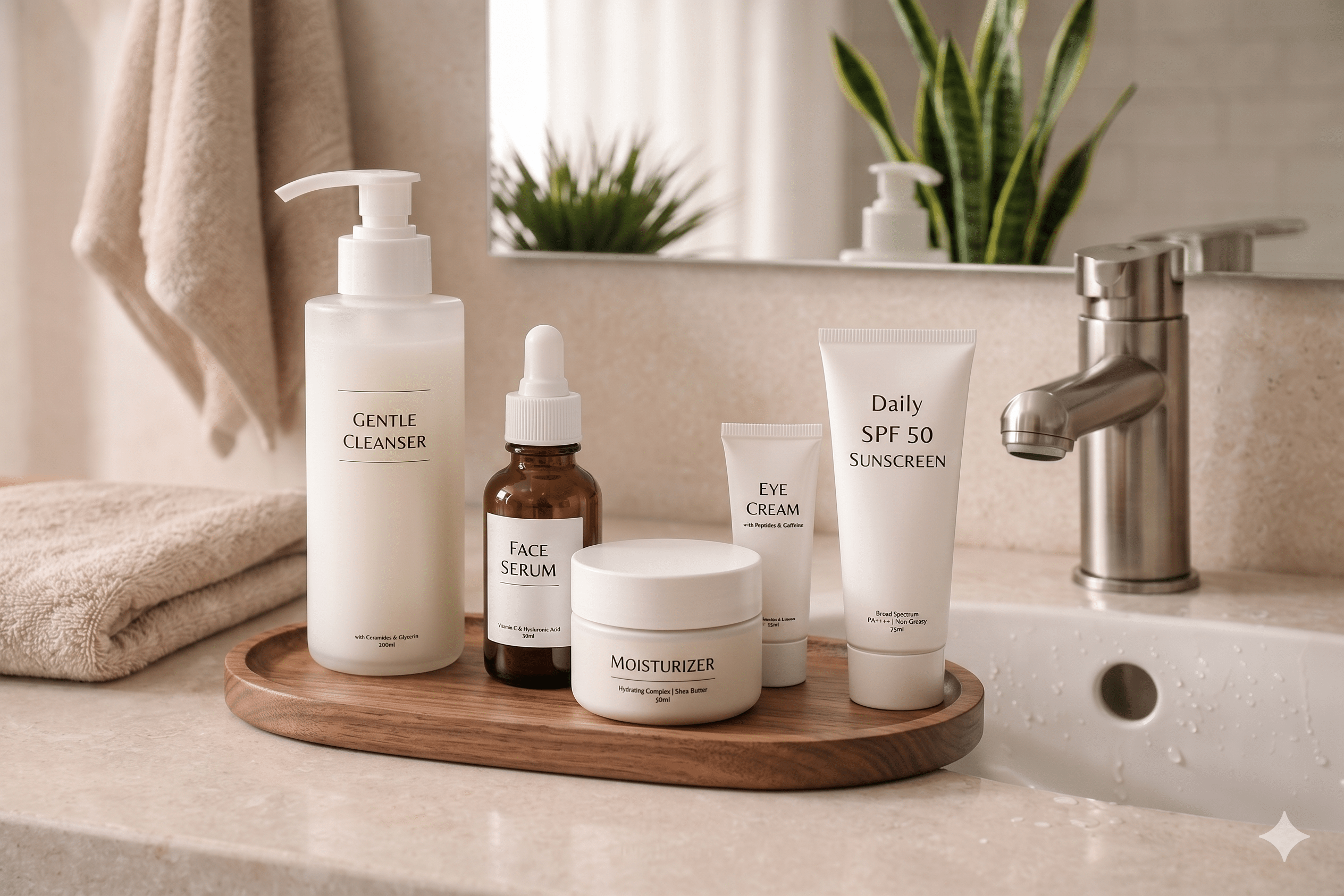 Night shift skincare routine products arranged on bathroom sink counter.