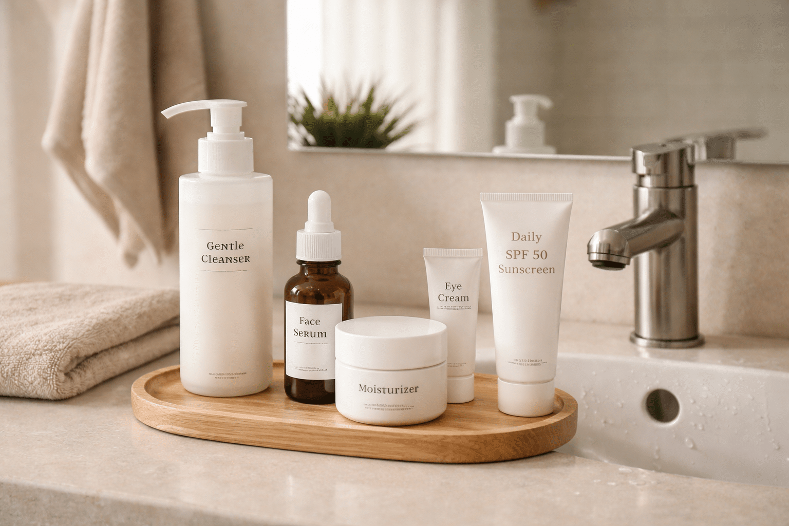 night shift skincare routine products arranged on bathroom sink counter