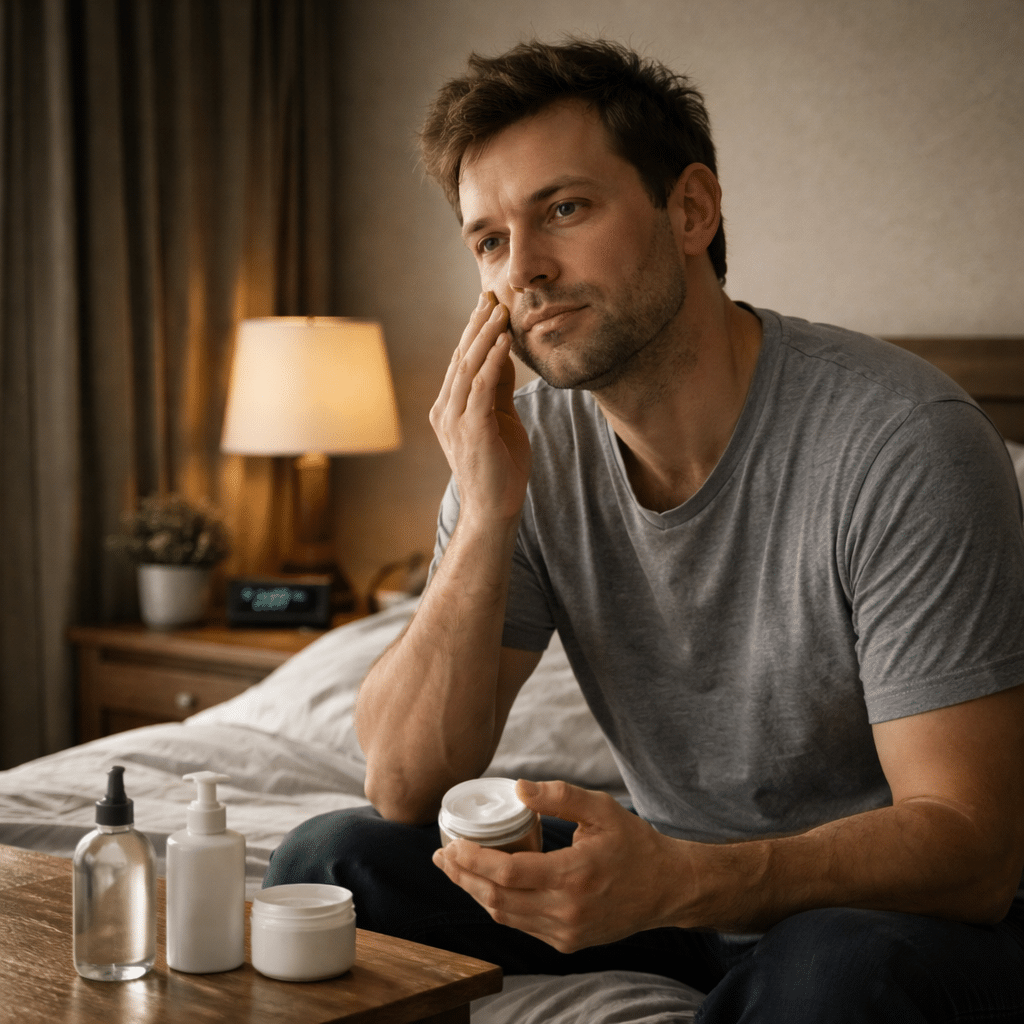 night shift worker applying skincare in dark bedroom after waking
