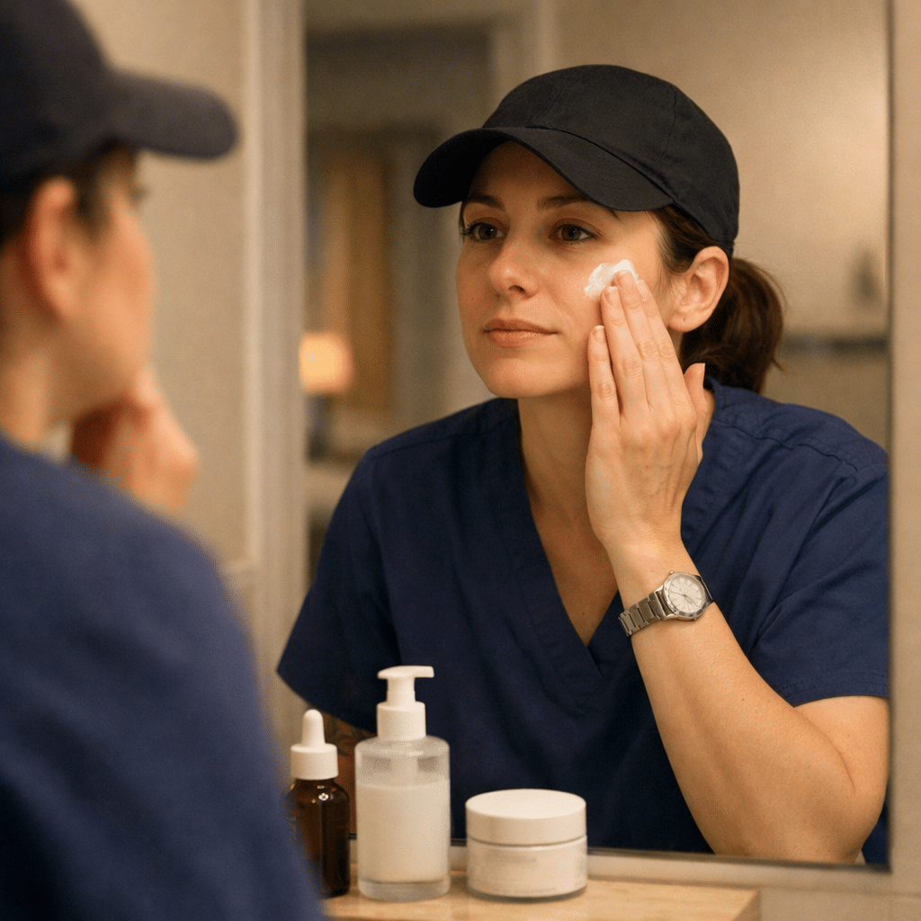 night shift worker applying moisturizer before night shift in apartment mirror