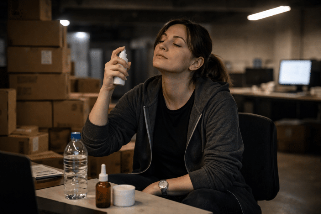night shift worker using facial mist during break in warehouse