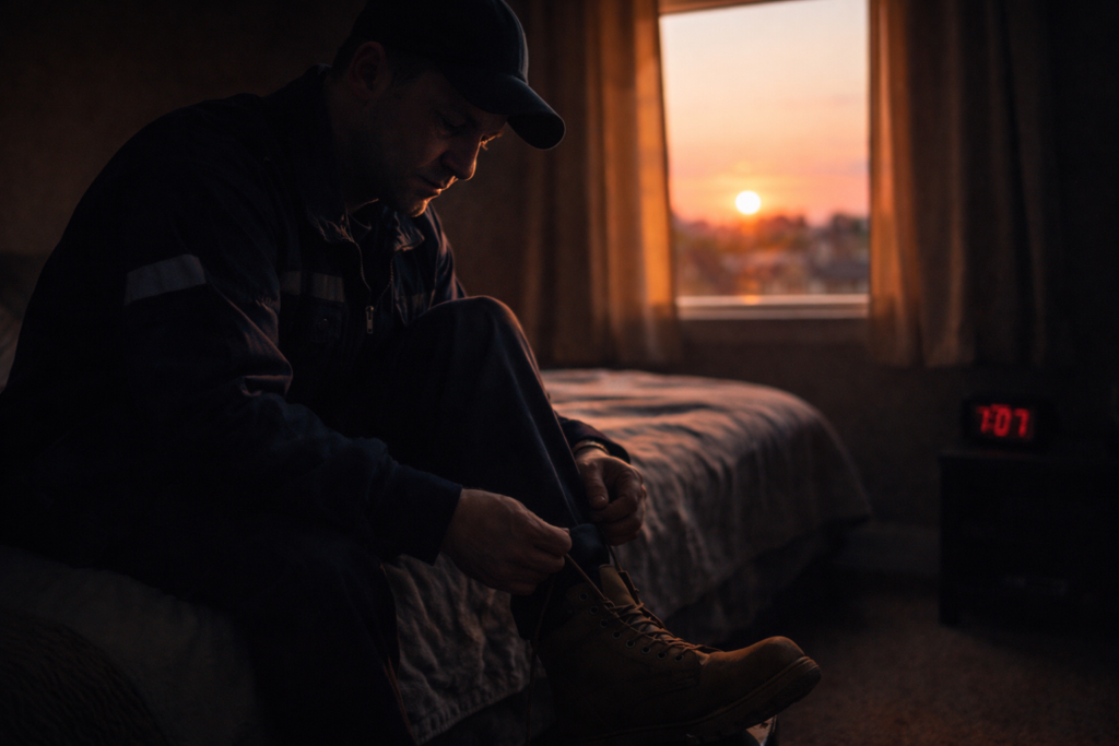 Night shift worker sitting on bed tying boots at sunset, looking tired before leaving for work
