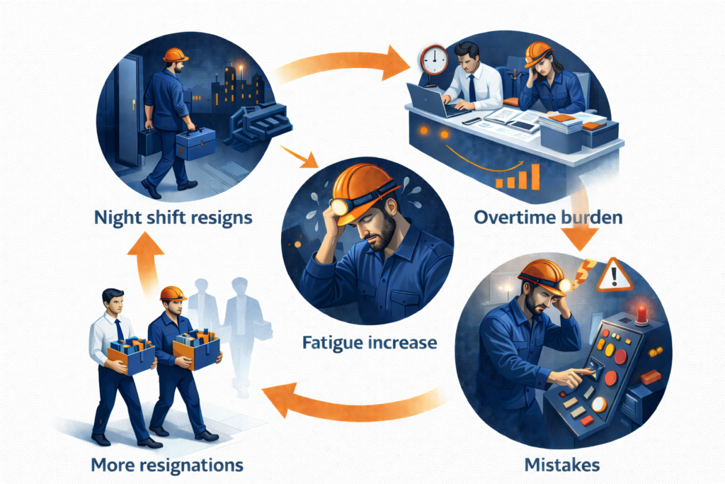 Visualization of turnover cycle caused by night shift fatigue increasing costs and employee burnout