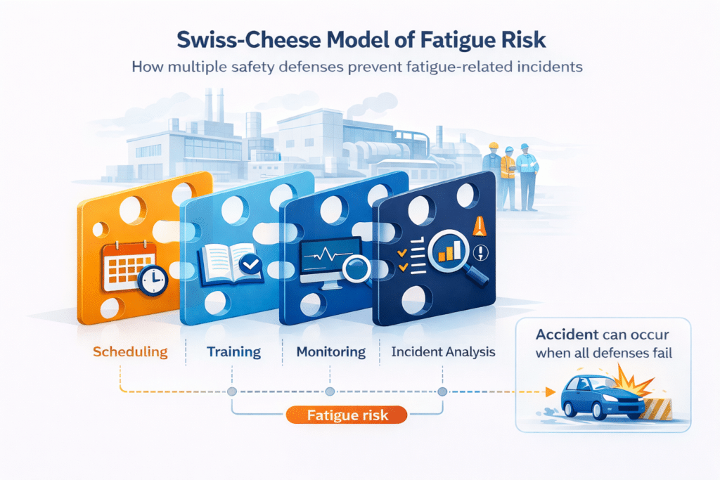 Layered defense model illustrating how fatigue risk management system prevents workplace errors.