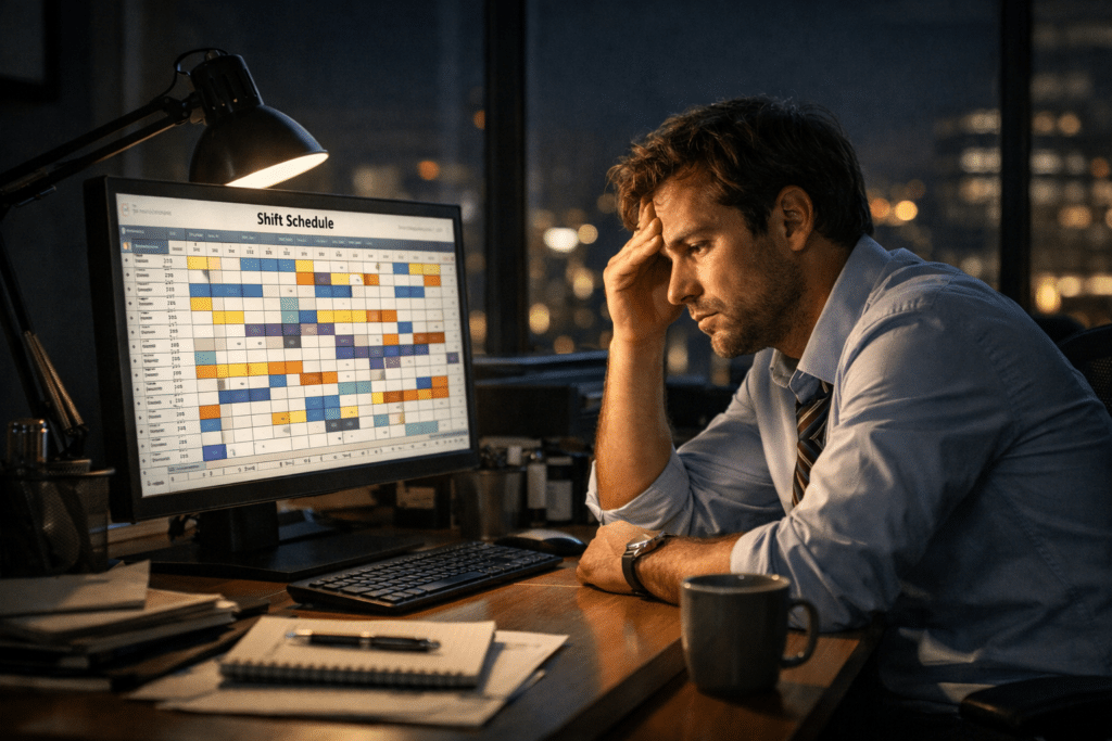 Visualization of scheduling risks such as short rest and consecutive night shifts increasing fatigue