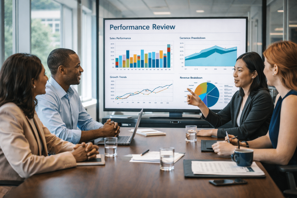 Leadership reviewing ROI dashboard after implementing fatigue risk management system for shift workers