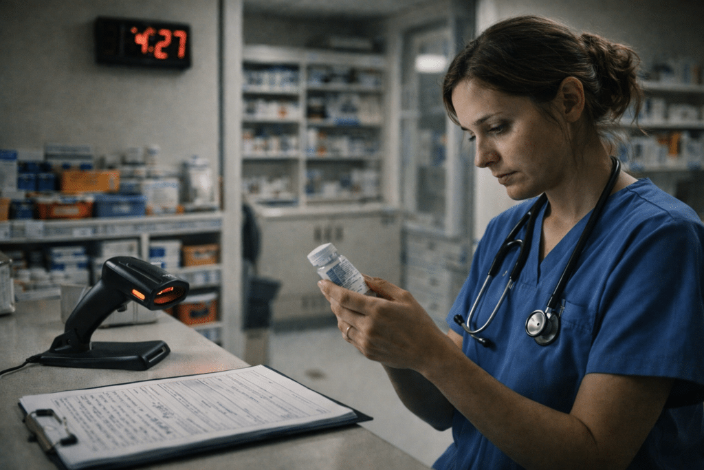 Clinical fatigue during night shift increasing risk of medication errors.