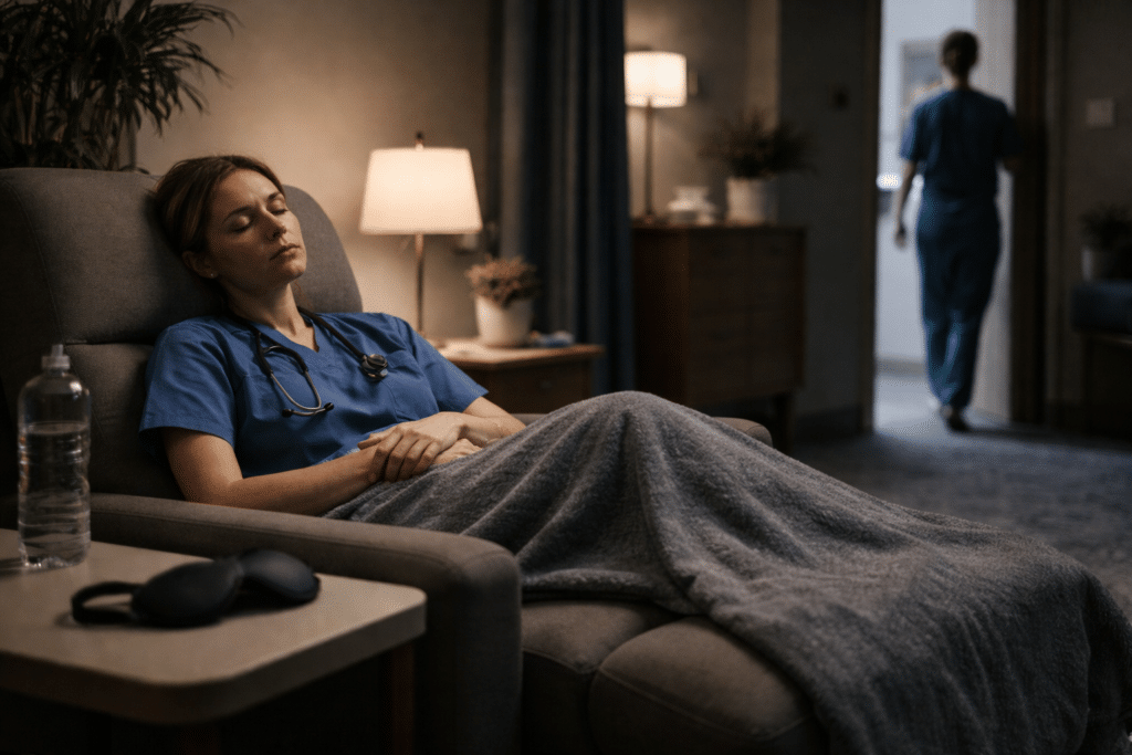 Hospital recharge room supporting night shift recovery and clinician alertness