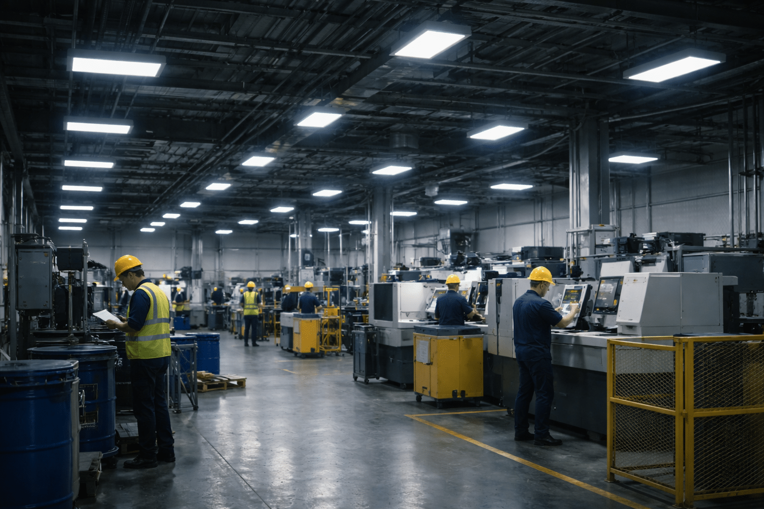 Circadian lighting system in industrial facility supporting night shift alertness and safety.