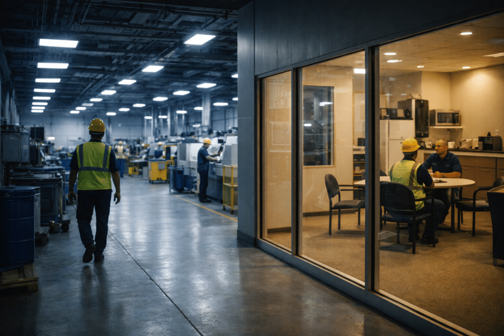 Strategic circadian lighting in high-risk work zones and night shift break areas.