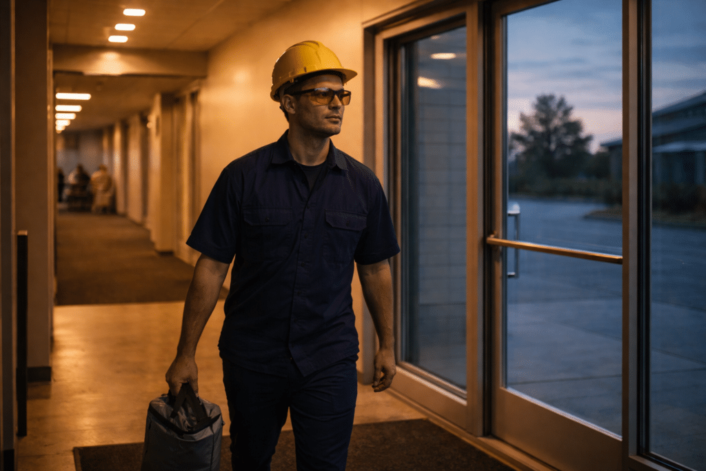 Night shift worker using blue-blocking glasses after circadian lighting transition.