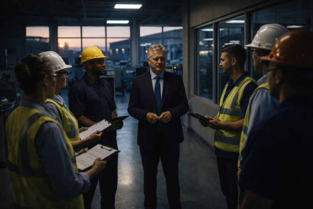 Day and night shift teams meeting during shift handover with manager present