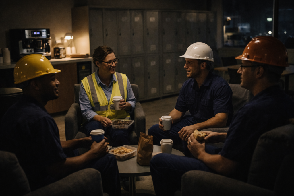 Night shift employees bonding in breakroom during overnight break
