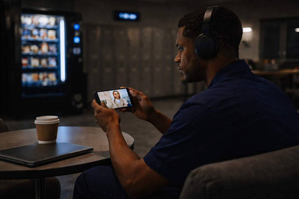 Night shift employee accessing EAP mental health support during overnight hours.