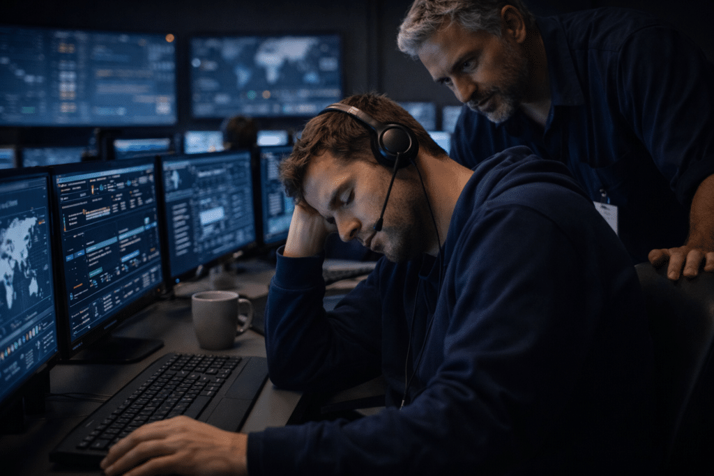 Fatigue and cognitive impairment increasing workplace accident risk during night shifts.