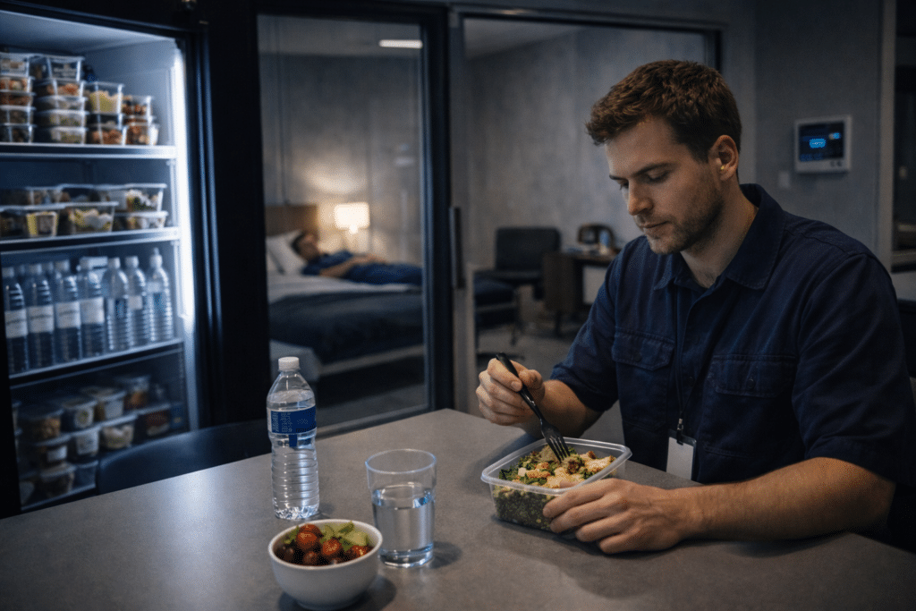 Employer duty of care improving shift work safety with lighting, rest areas, and healthy food.